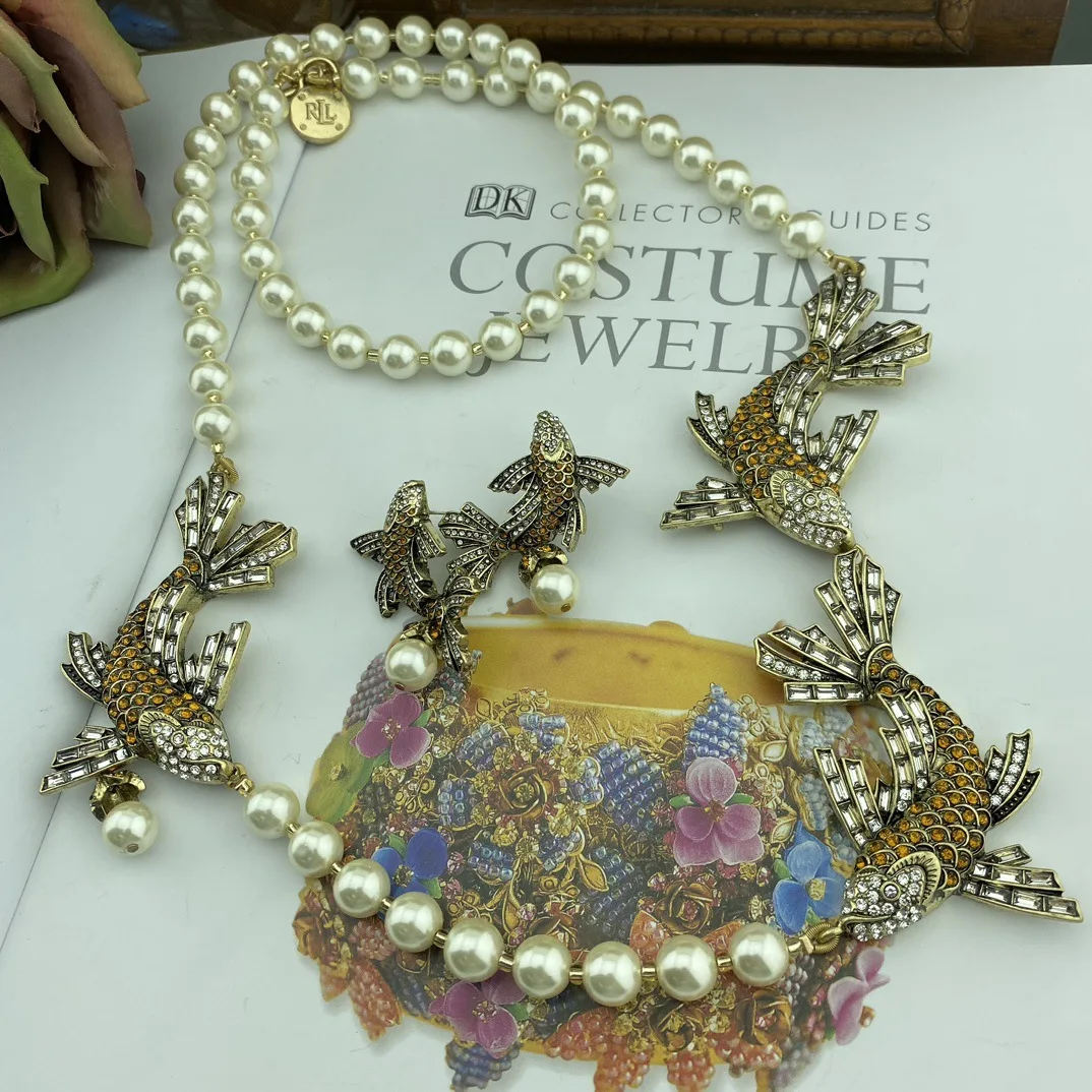 Collier Et Boucles D'Oreilles Poisson Rouge, Perle De Verre Vintage, 2023