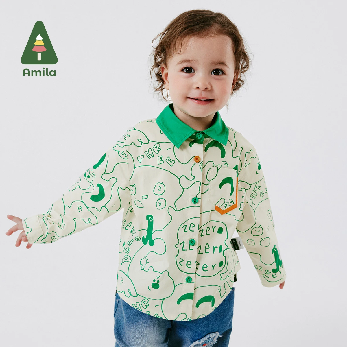 Amila Baby Blouse Boy Spring Children Cartoon Printed Green Patchwork Collar Shirts
