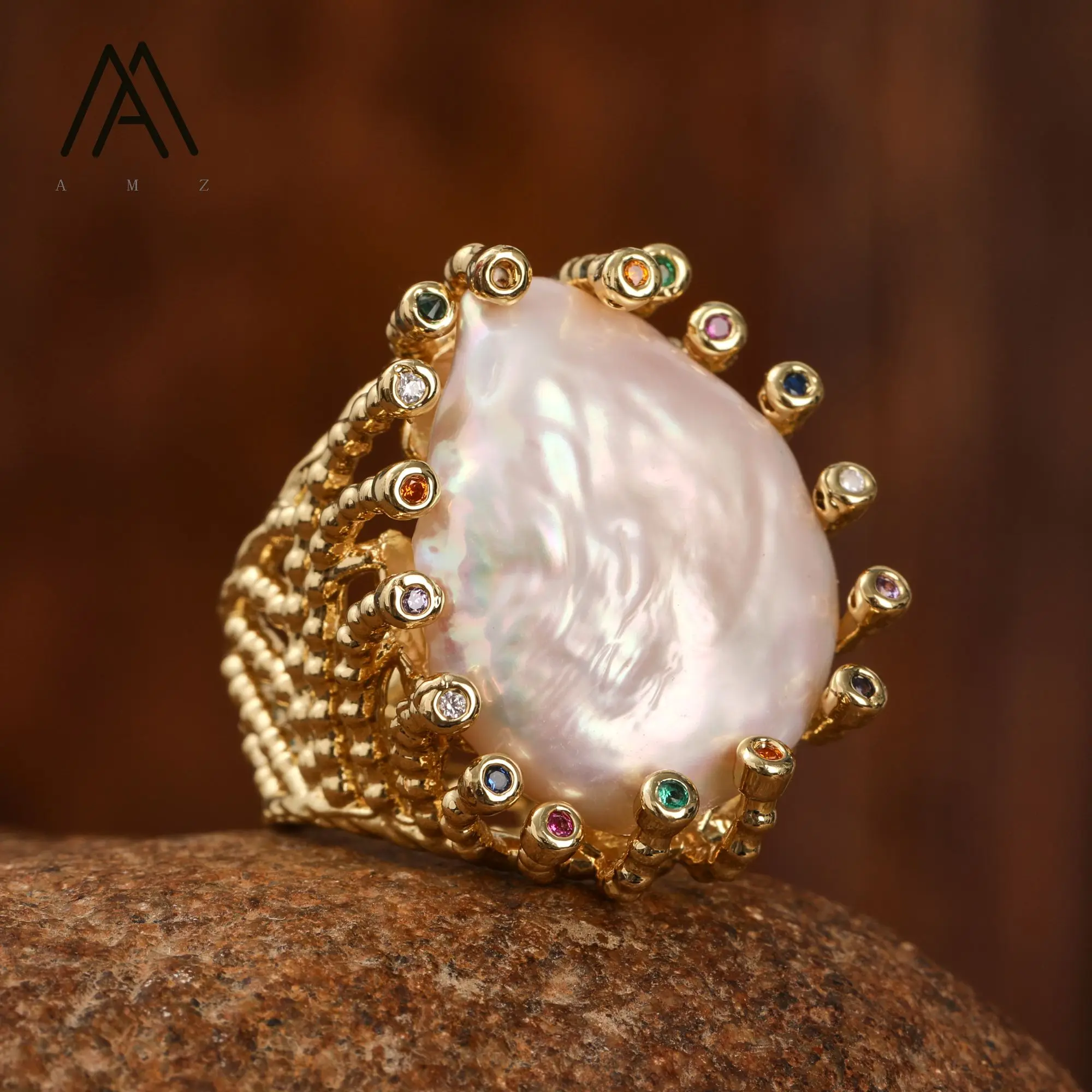 Verlobungsring mit natürlicher Perle, vergoldet, verstellbarer Ring, modisches Zirkonia-Set, exquisiter Schmuck, Geschenk, romantischer Damenring