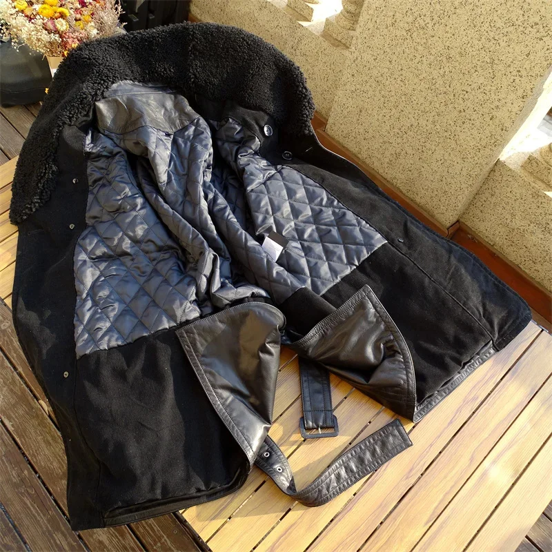 Description Picture 4 of itemFree shipping.Leather Coat with Shearling Collar.Winter warm thick Japanese cowhide jacket.Men long leather Business trench coat