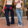 Combhasaki Women's Y2K Vintage Jeans Aesthetic Star Pattern Print Loose Straight Leg Denim Long Pants Casual Low Waist Trousers 2