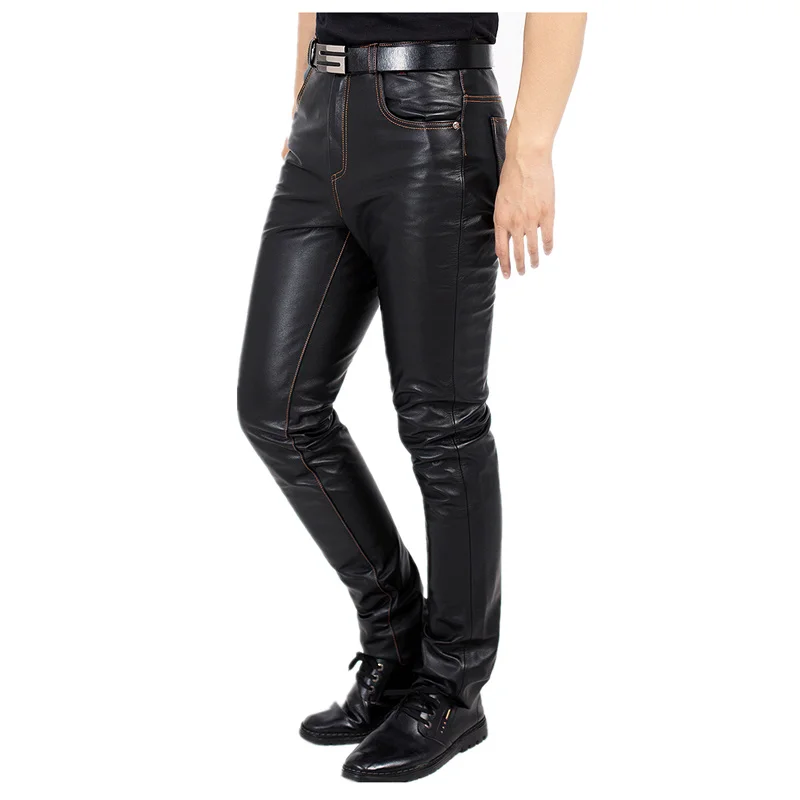 

Genuine Leather Pants Men's Autumn Winter Casual Slim High Quality Soft Real Cowskin Pants Leather Straight Male Trousers