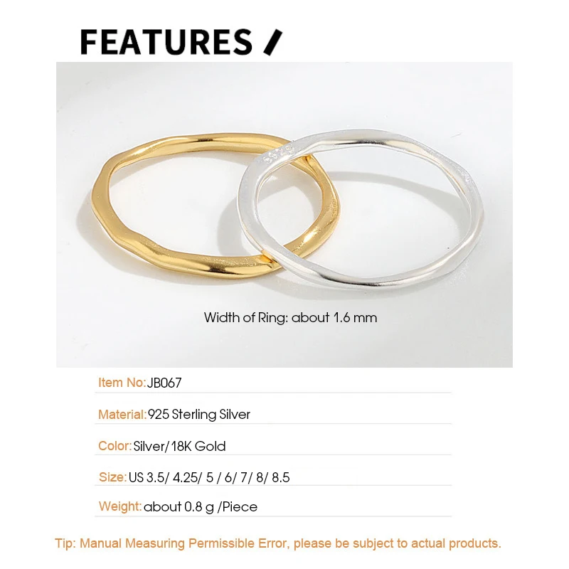 F.I.N.S Simple Wave Pattern Irregular S925 Sterling Silver Ring Slim Stackable Female Rings for Women Girls Jewelry