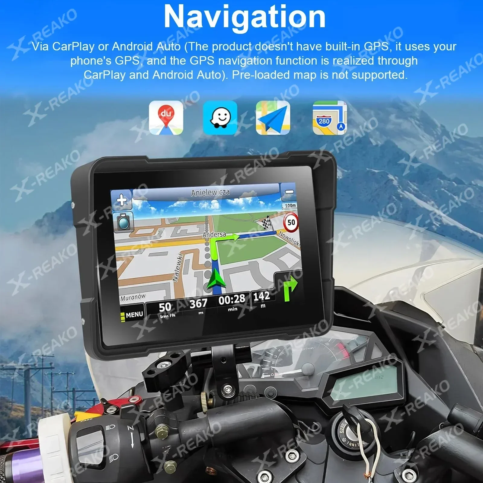 X-REAKO 5-inch Motorcycle GPS Player IPX8 Waterproof Carplay Android Auto Supports Bluetooth Headset/Helmet Touch Screen
