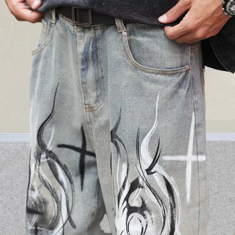 2026 Cyber Y2K Style Flammen-Graffiti Distressed Blaue Baggy Jeans für Herren – Neue Rock Dark Streetwear Denim-Hose – Detail 13