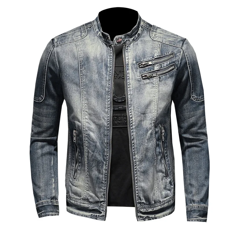 

Куртка мужская джинсовая приталенная, мотоциклетная джинсовая куртка на молнии, с воротником-стойкой, европейские размеры