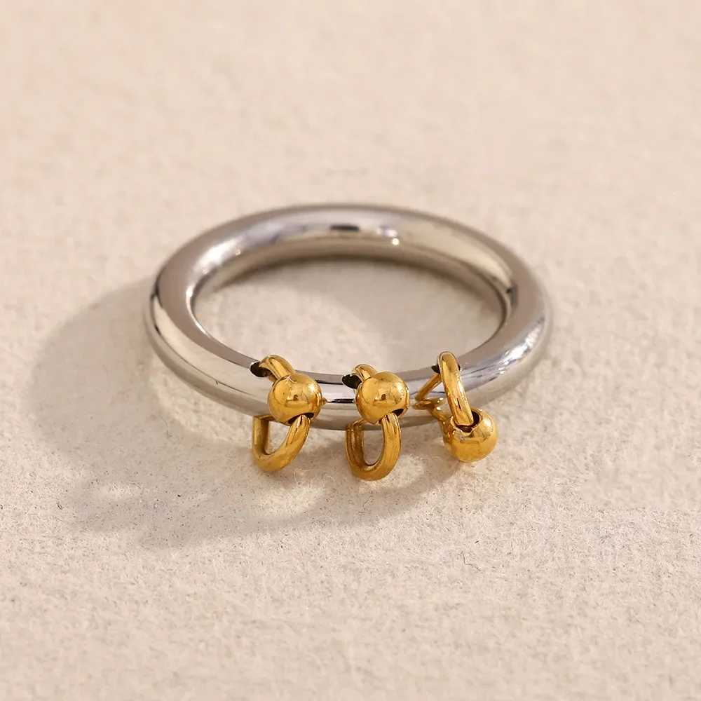 Double Mixed Color Mini Round Circle Bead Tassel Rings for Women PVD Waterproof Stainless Steel Finger Ring Vintage Punk Jewelry