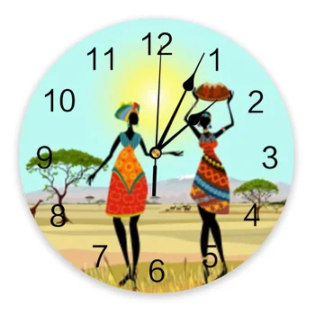 Large Digital Wall Clock Featuring African Woman, Tree, and Sun Design - Modern Living Room Decor, Mute Hanging Watch