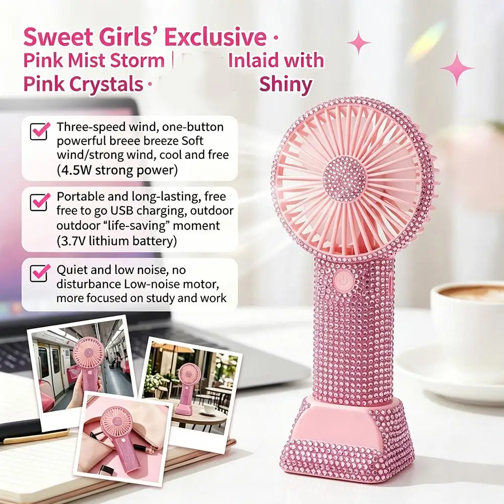 Handheld Inaly Rhinestones Draagbare Zomerventilator USB Oplaadbare Mini Koeler Bureau Roze Persoonlijk_voghion.com