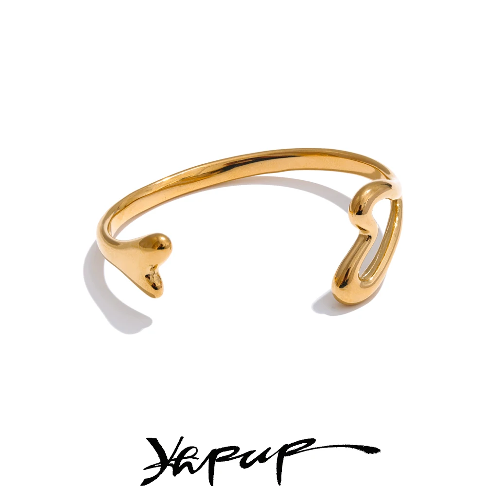 Yhpup 58mm Minimalist Stainless Steel Heart Love Open Bracelet Bangle
