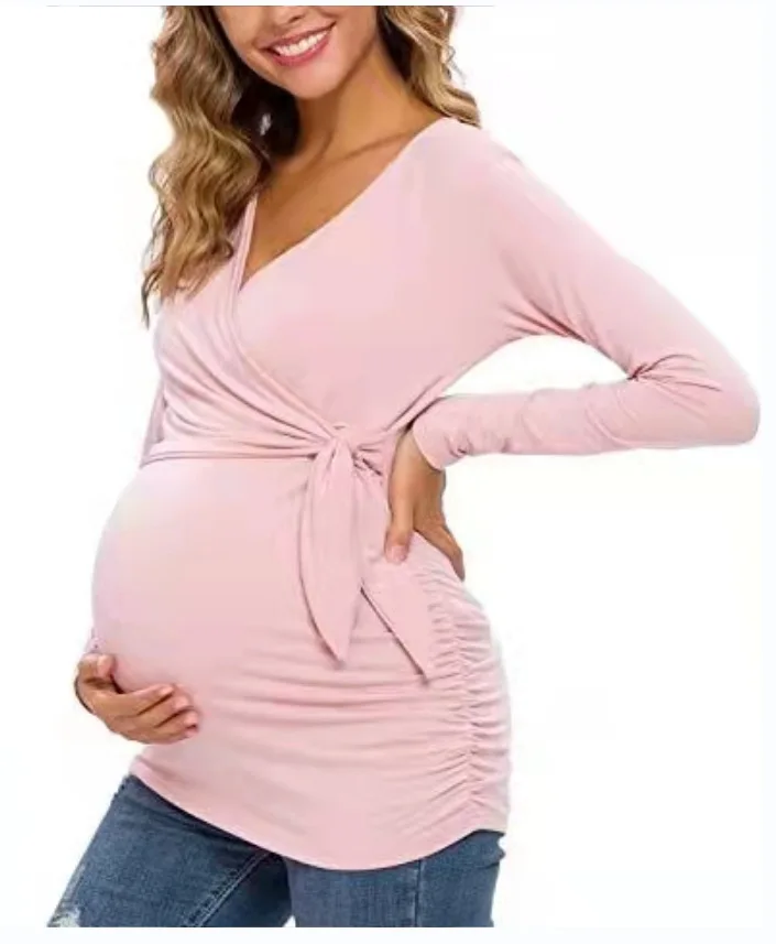 Maternity Wear T-shirt Shirt Maternity Wear Spring and Autumn Tops Breastfeeding V-neck Sexy Tops Pregnant Women Breastfeeding 3