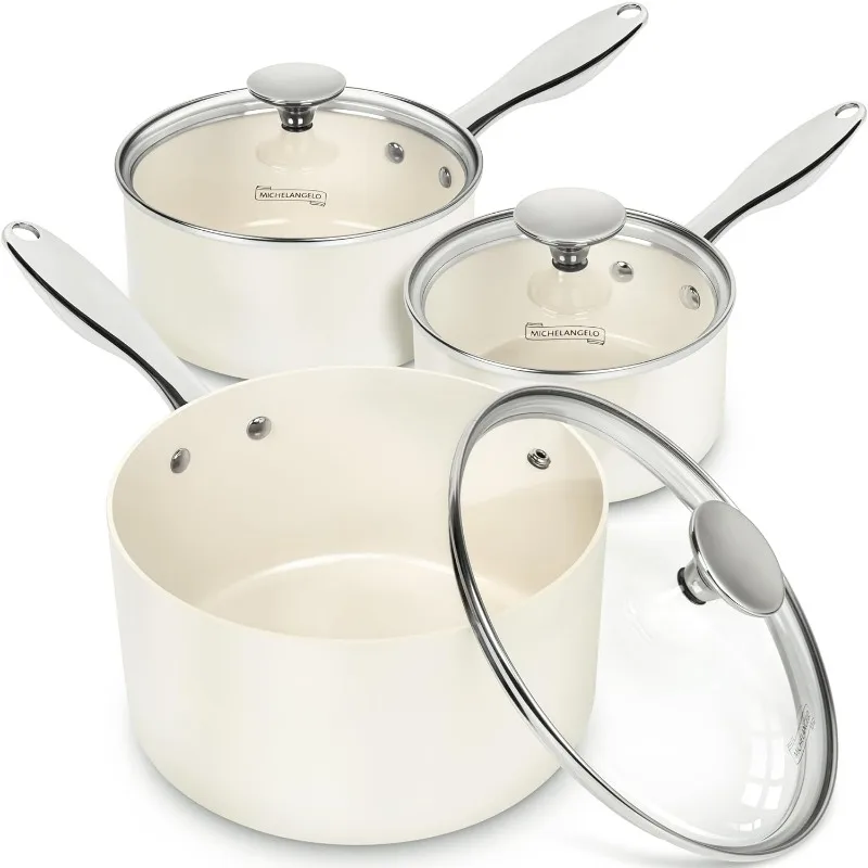 

MICHELANGELO Sauce Pan Sets, Ceramic Saucepans with Lid, 1Qt & 2Qt & 3Qt Small Pots for Cooking, Nonstick Saucepan