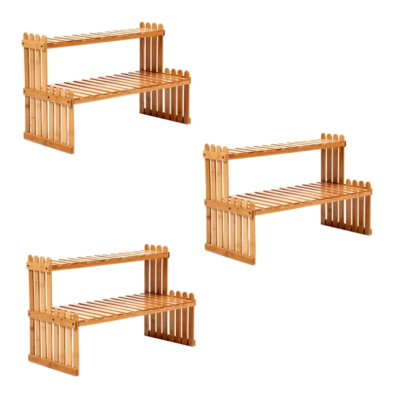 

3X 2 Layers Bamboo Storage Rack Kitchen Spice Jar Bottle Seasoning Rack Decoration Organizer Shelf Home Desktop Racks Promotion