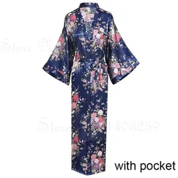 Elegant Satin Kimono Robe with Pockets - Women's Luxurious Loungewear and Bridal Dressing Gown - S (Navy Blue B)