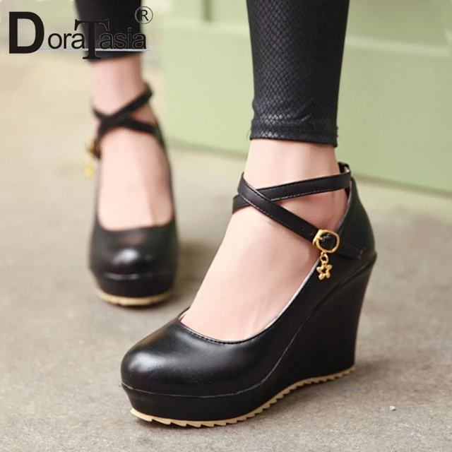 Black/Red/White Platform High Heels Women Pumps Bowknot Buckle High Heels  Female Wedges Plus Size Wedding Party Shoes - AliExpress