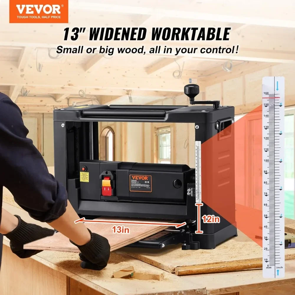 thickness planer, two-blade, 13" width worktable benchtop planer, 15-amp 1800w powerful motor, 12" extended infeeding table, lo