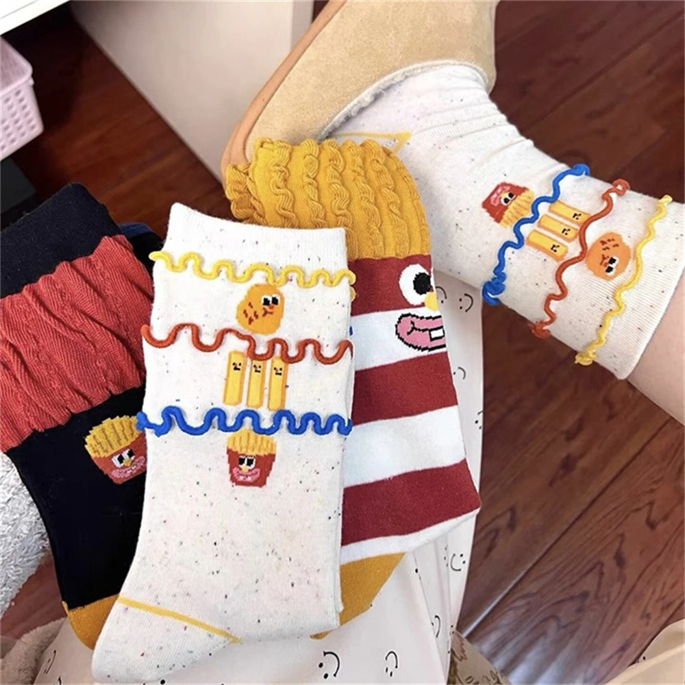 Lustige Cartoon Graffiti 3d niedlichen Hamburger Pommes Frites Rohr Socken weiche Baumwolle gestapelt gestreift kreative vielseitige Sokken – Detail 3