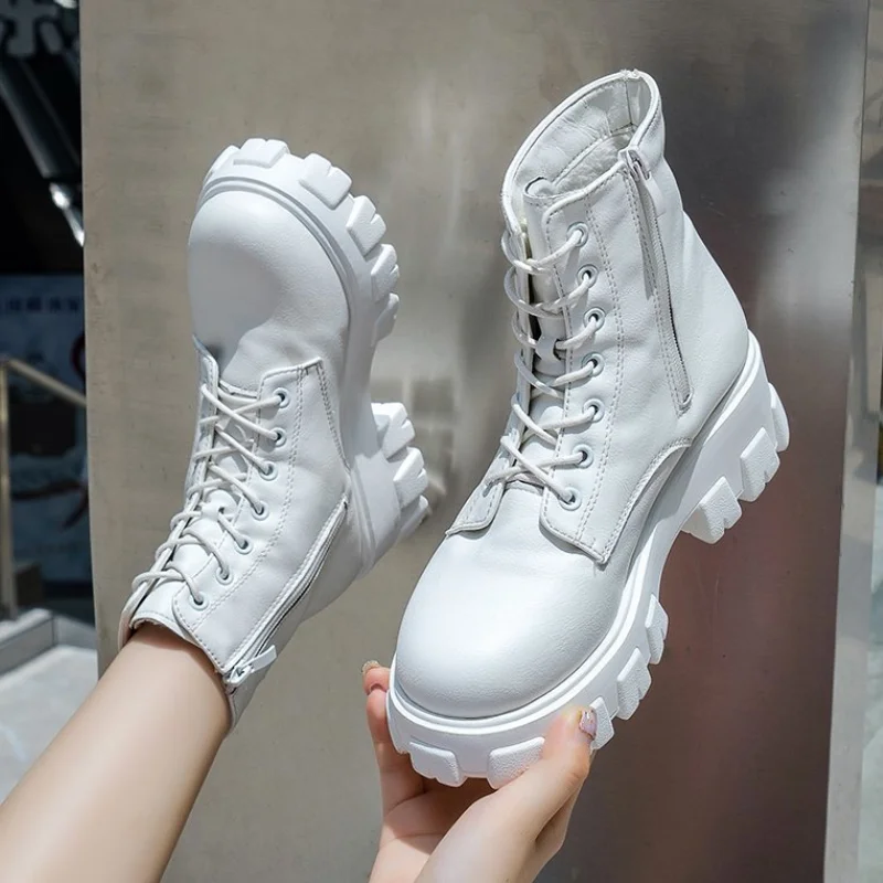 

White Platform Ankle Boots Women 2023 Autumn Thick Bottom Pu Leather Short Boots Woman Fashion Chunky Heels Motorcycle Botas