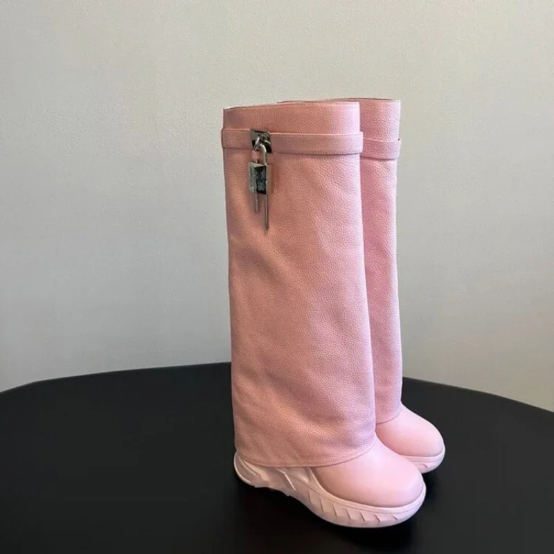 

Genuine Leather Metal Padlock Woman Knee Length Boots Black Pink Slope Heel Autumn Winter Skirt Boots Size 35-43 Women Shoes