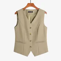 Black Short Tailored Vest Women's Fashion Spring Autumn New Style Slim Fit Outerwear Layering V-Neck Pure Color Polyester