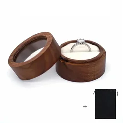 Customized Walnut Wood Round Ring Box with Clear Cover - Free Name and Date Engraving - No Logo (B - 1 - White)