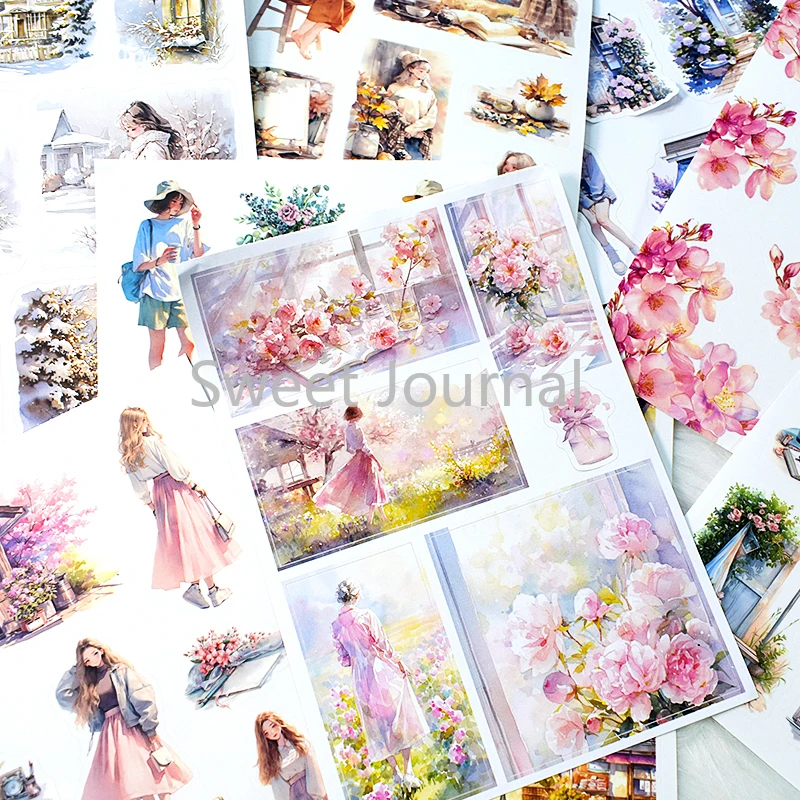 20Sheets Sakura Girls Sticker Set Per-Cut Aesthetic Decorative PET Washi Sticker Book for Scrapbooking Journal Diary Material