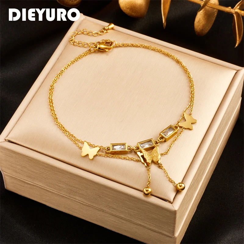 

DIEYURO 316L Stainless Steel Square Zircon Butterfly Charm Anklets For Women Girl New Trend Leg Chain Jewelry Birthday Gift