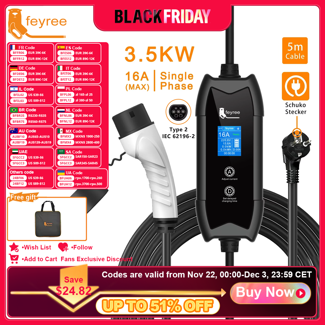 feyree EV Charger Type2 3.5KW 16A Portable Charging Box Set Current and Set Delay Time 5M Cable for Electric Vehicle Car Charger
