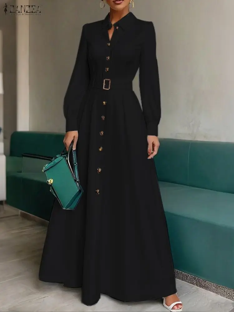 فستان قميص نسائي أنيق من ZANZEA لخريف 2025 بياقة مقلوبة وأكمام طويلة وأزرار لأعلى وحزام على شكل حرف a فساتين ماكسي للتنقل في المكتب