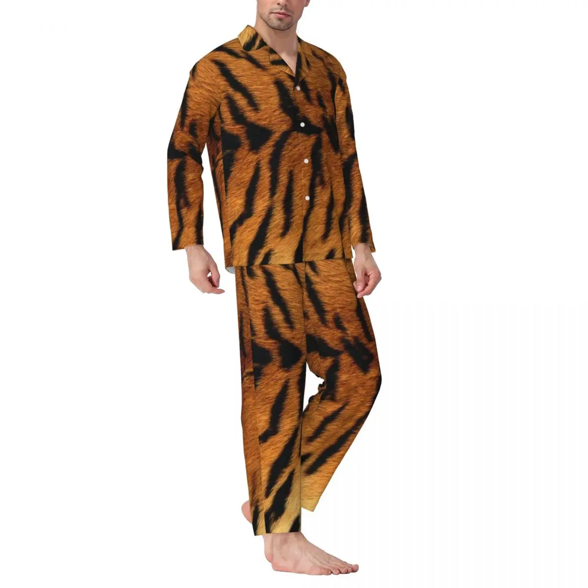 

Tiger Skin Print Pajama Sets Animal Pattern Romantic Sleepwear Couple Long Sleeve Casual Sleep 2 Pieces Nightwear Big Size 2XL