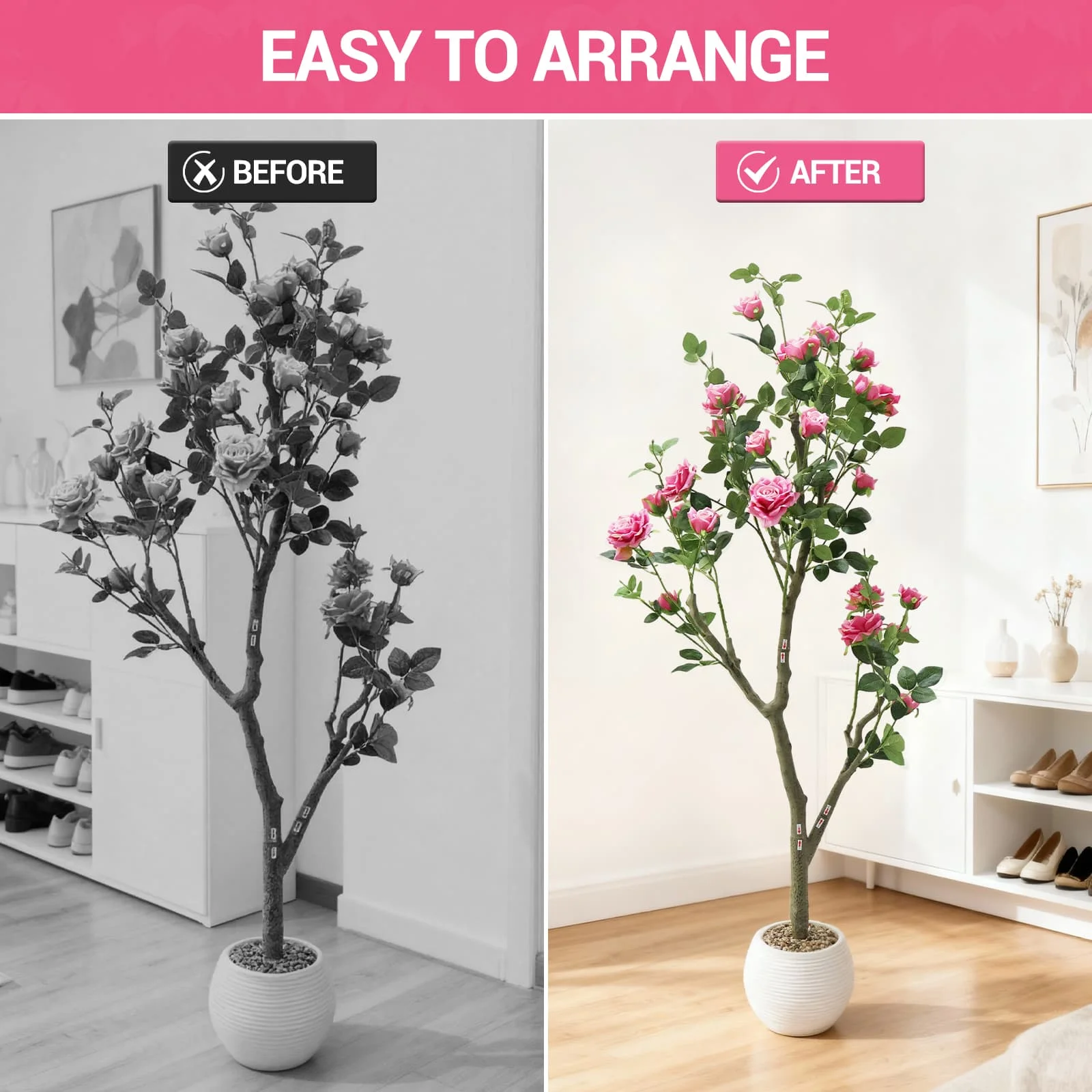150 cm künstliche Rosenblüten, rosa künstlicher Rosenbaum mit grünen Blättern, künstliche Pflanze für Wohnzimmer, Büro, Heimdekoration – Detail 10