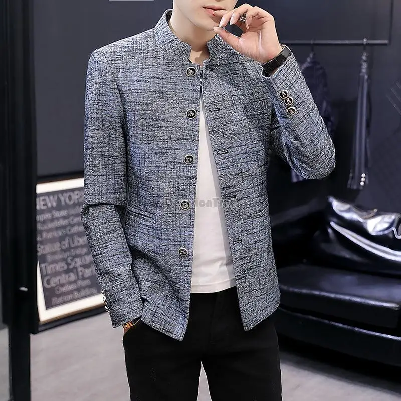 Фото 2022 модный мужской Улучшенный костюм Чжуншань топ на ретро со стоячим воротником