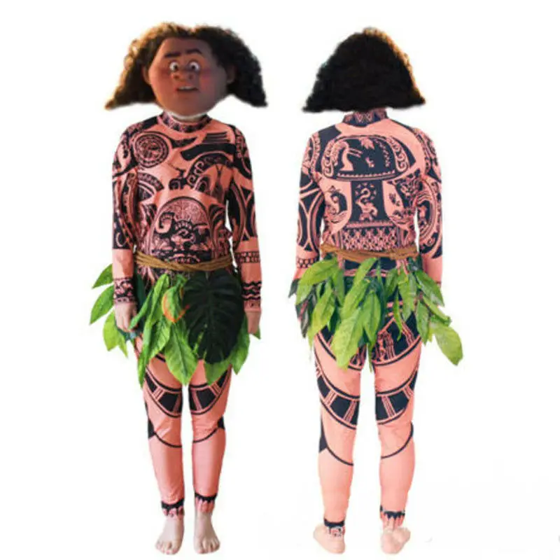 Ruewey Fantasia de Halloween para adultos, cosplay, fantasia de Moana Maui,  conjunto de camisetas e saias de folhas, Marrom, Small : : Moda