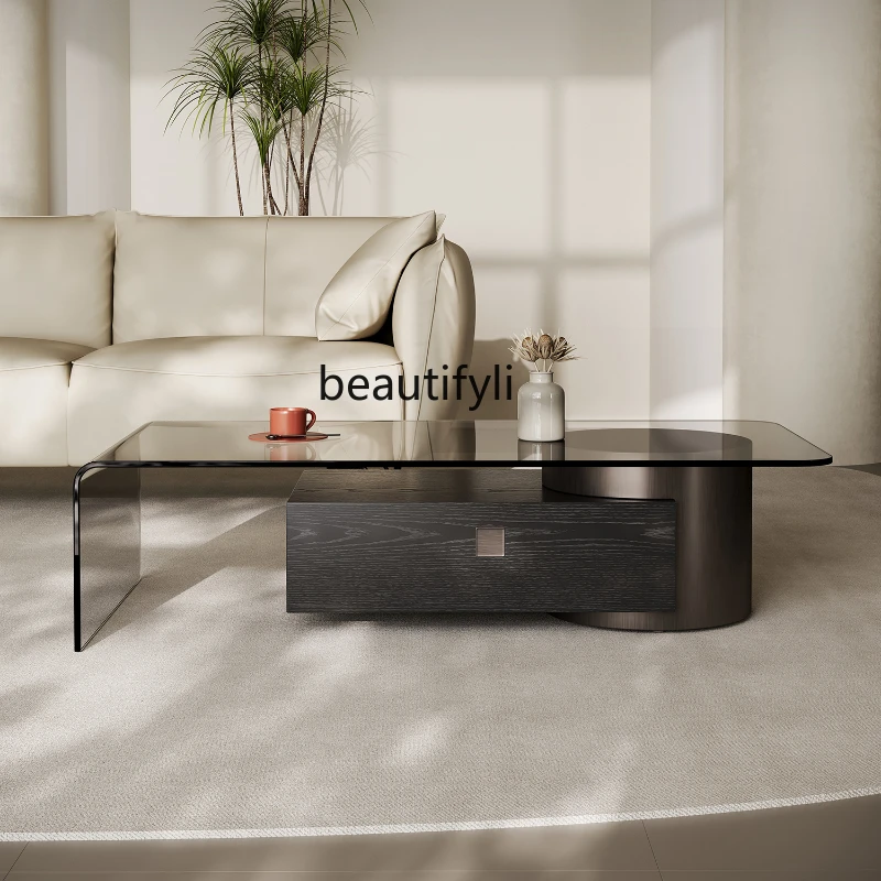 

Italian Minimalist Retractable Coffee Table Light Luxury Living Room Home Tempered Glass Tea Table Rectangular