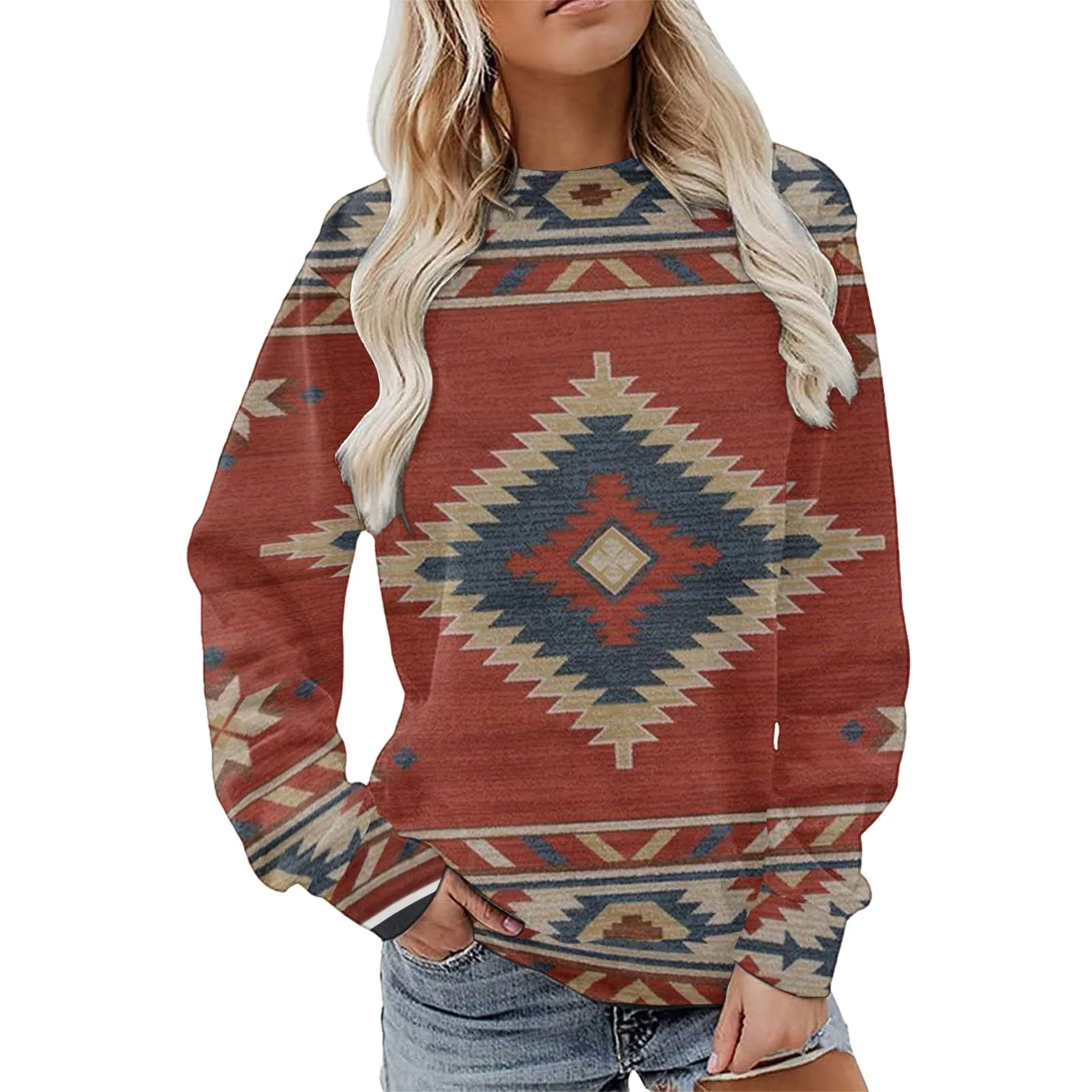 

Hip Hop Women Ethnic Style Thin Style Print Lightweight Classic Harajuku Autumn Spring O Neck Long Sleeved Basic Clothes Funny