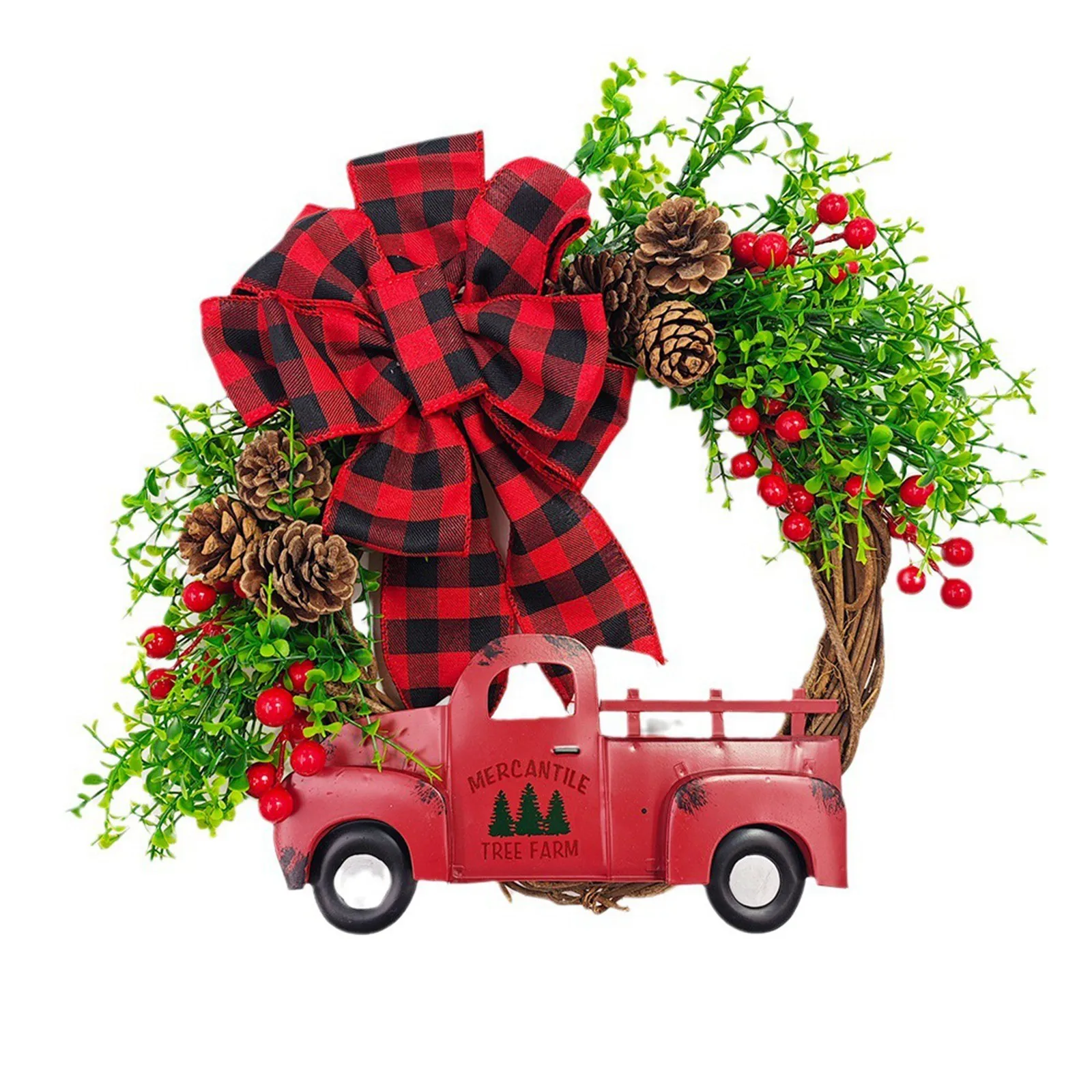 

2023 New Christmas Red Truck Wreath Three Truck Bow Christmas Decorations Wreath Door Hanging Wreath Suction Cup Hanger Outdoor