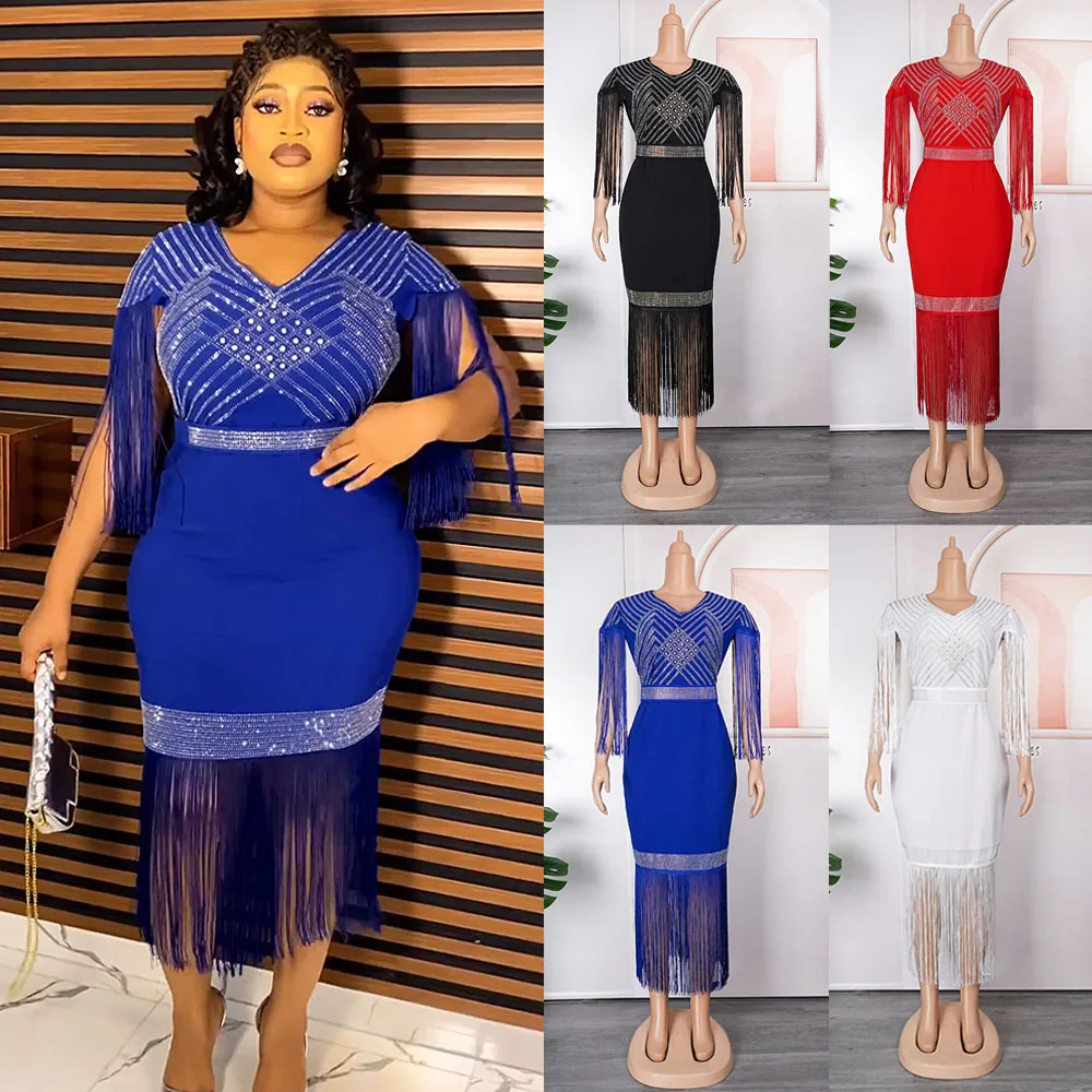 

2023 Luxury Evening Dresses Women Plus Size African Diamond Bodycon Maxi Dress Wedding Party Gown Dashiki Ankara Africa Clothing