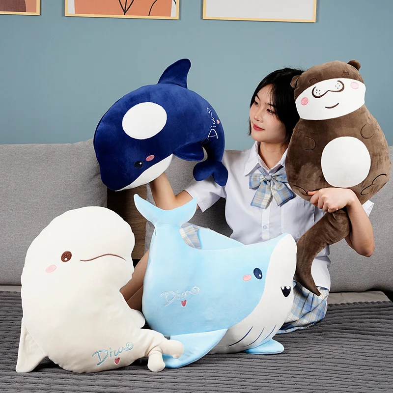 Cartoon Sea Series Plush Throw Pillow Toy Cute Stuffed Animals Dolphin Shark Otter Plushies Cushion Anime Soft Toys Home Decor