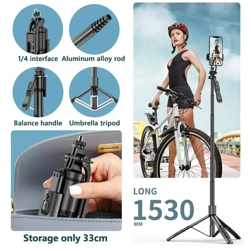 INRAM-Trip&eacute; Selfie Stick, Monop&eacute; Dobr&aacute;vel para C&acirc;meras de A&ccedil;&atilde;o Gopro, Smartphones, iPhone 13, 14, Xiaomi, L16, 1530mm