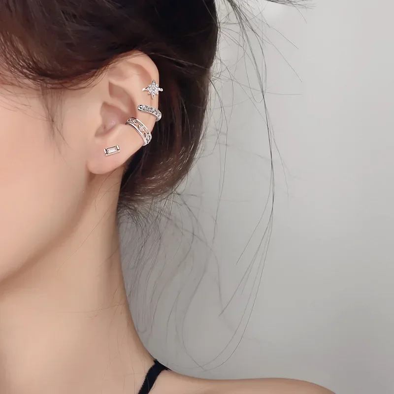 1-piece Multilayer Line Zircon Clip On Earrings ear clip earrings clip earrings ear clip ear accessories For Women Geometric Silver Color Ear Cuff Without Piercing Jewelry