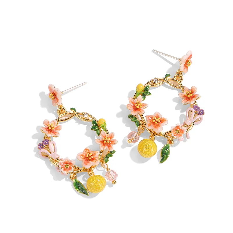 Fashionable Elegant Enamel Colored Glaze Orange Flowers Lemon Fruit Tassels Round Dangle Green Leafs Earrings Women's Jewelry