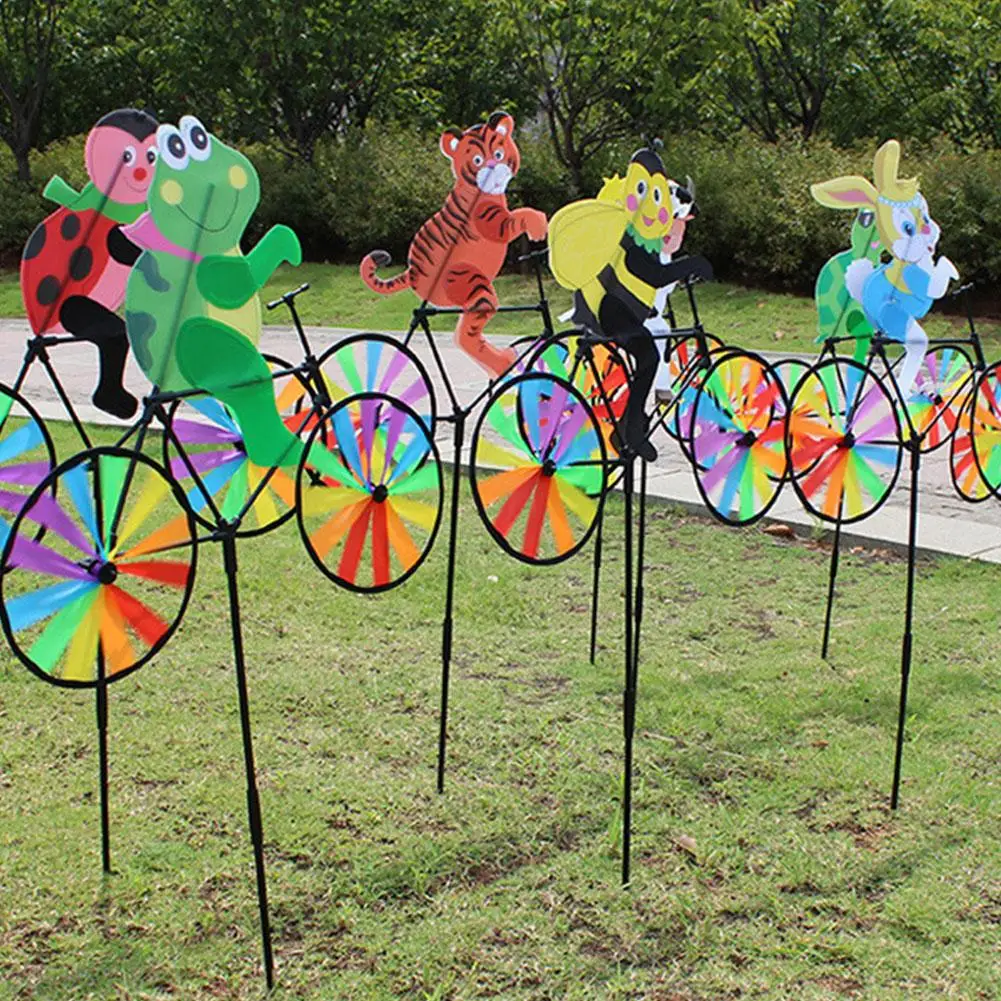 Niedliche 3D-Tierfigur auf Fahrrad, Windmühle, Gartenstecker, bunter Windspinner für Garten, Rasen, Dekoration im Freien, Feiertagsdekoration