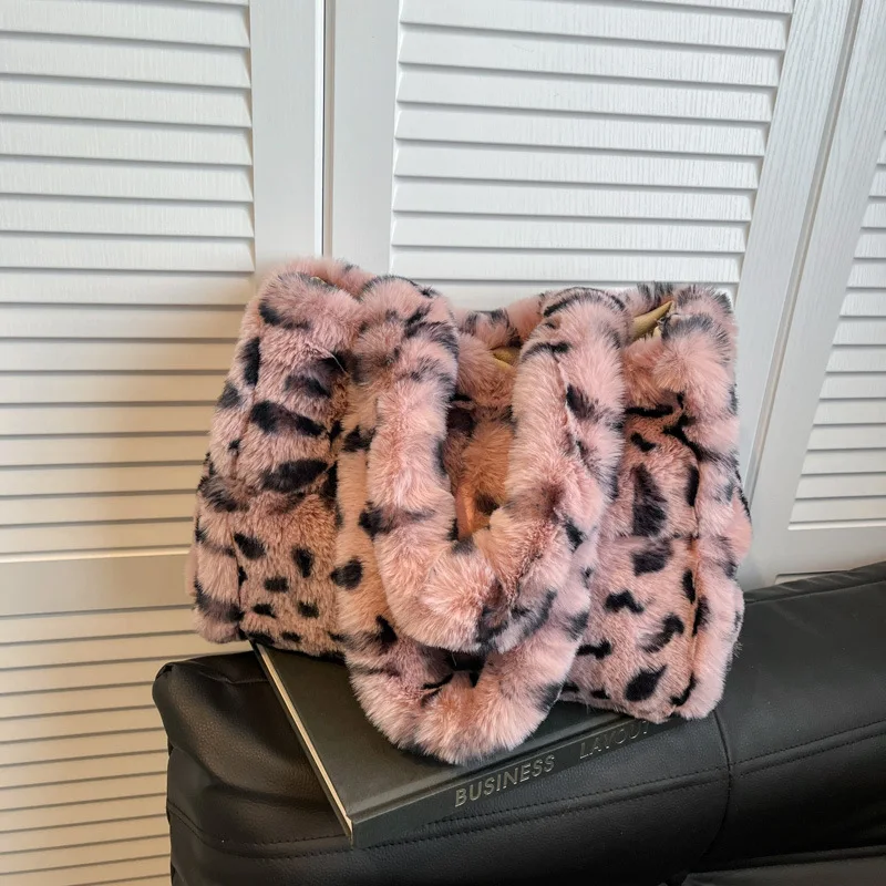Autumn Winter Women Plush Single Shoulder Bags Trend Large Capacity Leopard Print Tote Bag Personalized Fashion Ladies Handbags