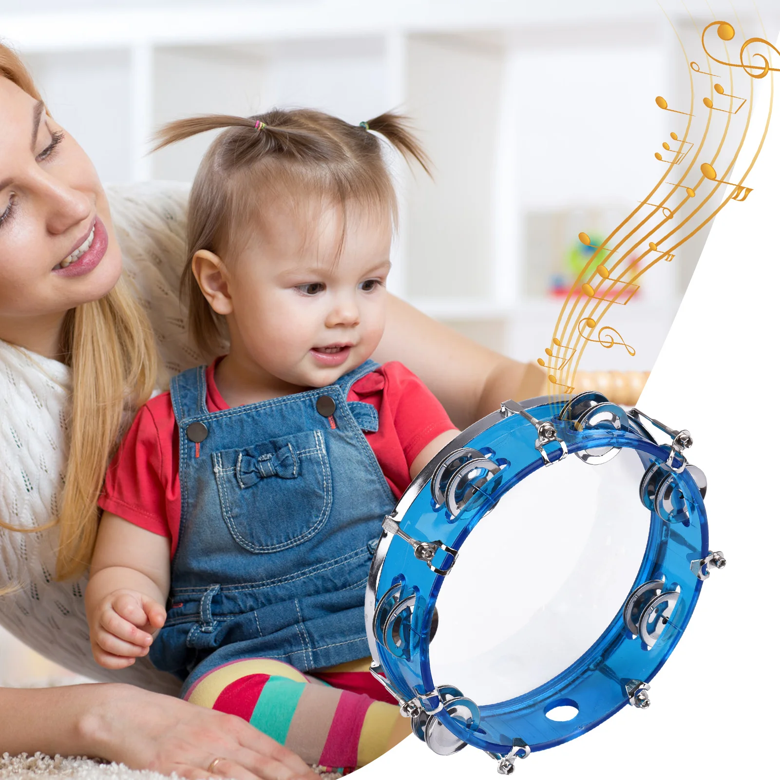 8-inch Tambourine Handbell Hand Drum with Double Row Jingles Percussion Instrument
