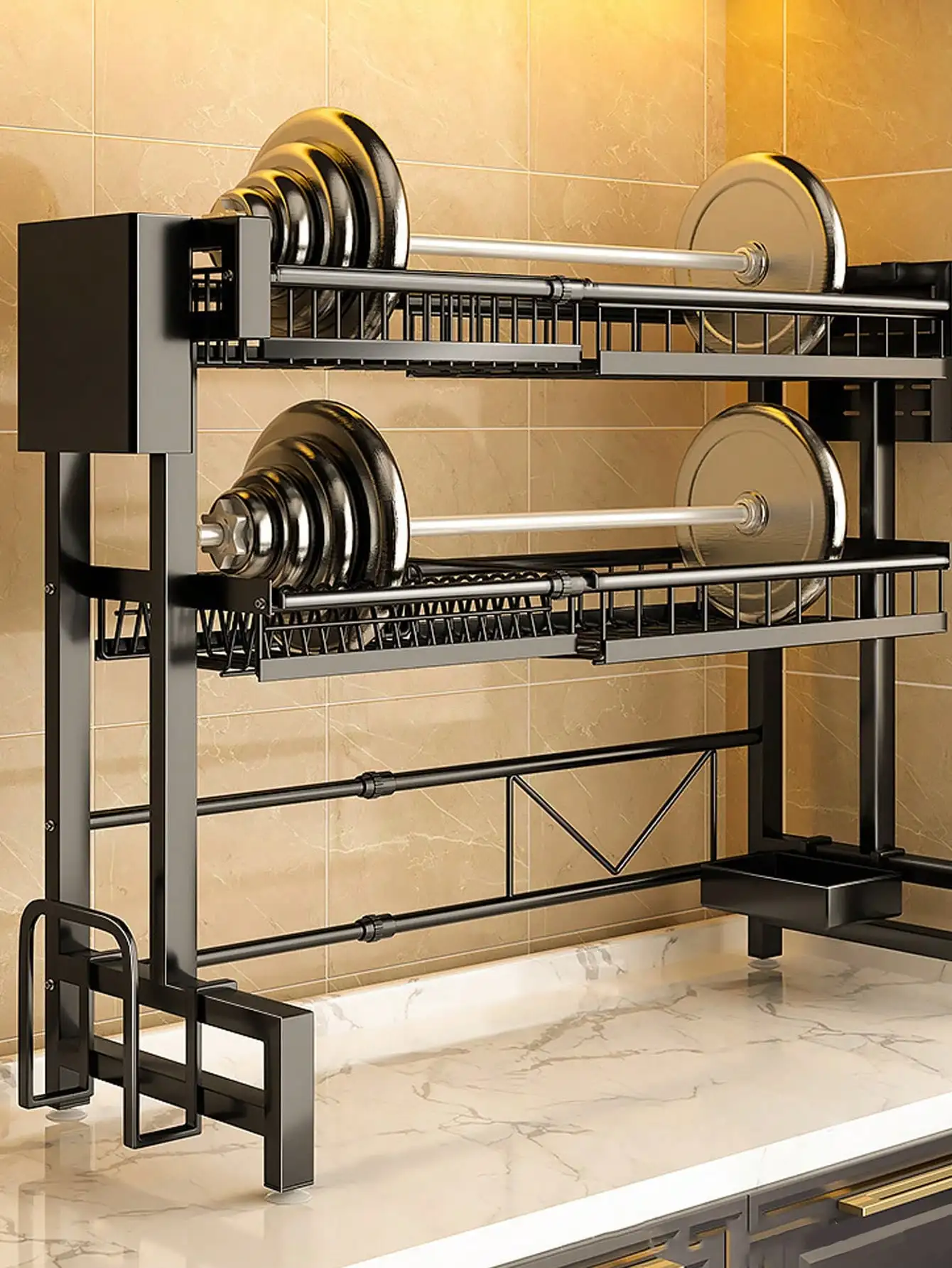 Expandable 2-Tier Stainless Steel Sink Dish Rack with Cutlery & Chopstick Holders 4