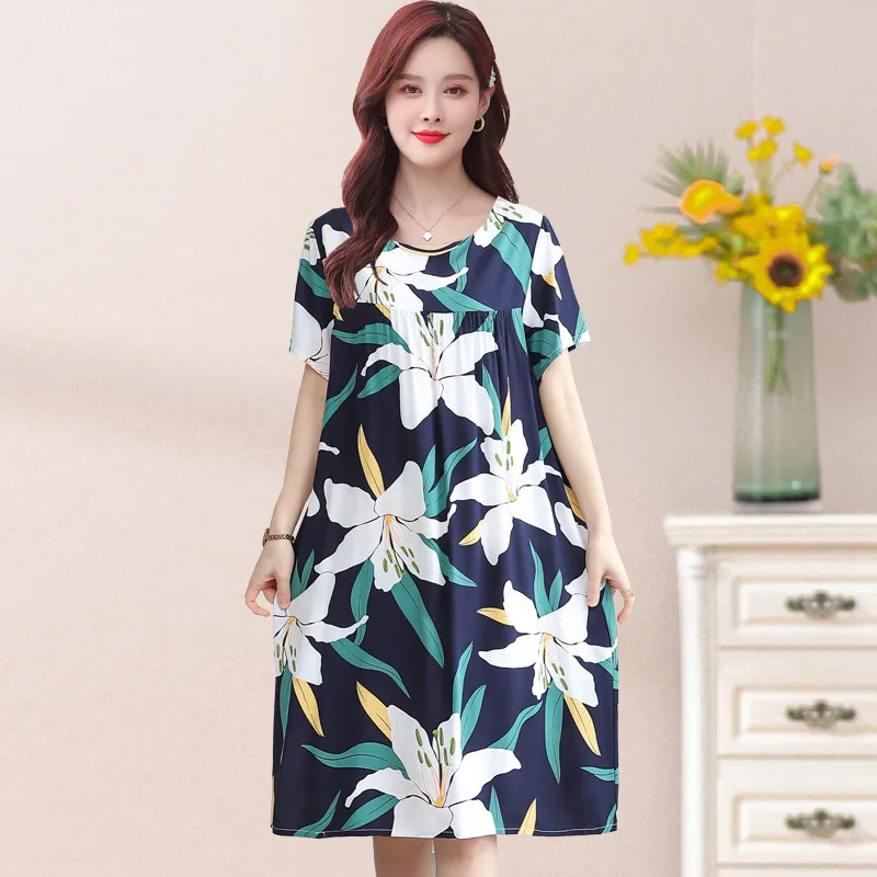 UHYTGF Cotton Silk Summer Pajamas Dress Women's Short Sleeve Pullover Large Swing Nightdress Female Home Clothes Sleepwear 2360