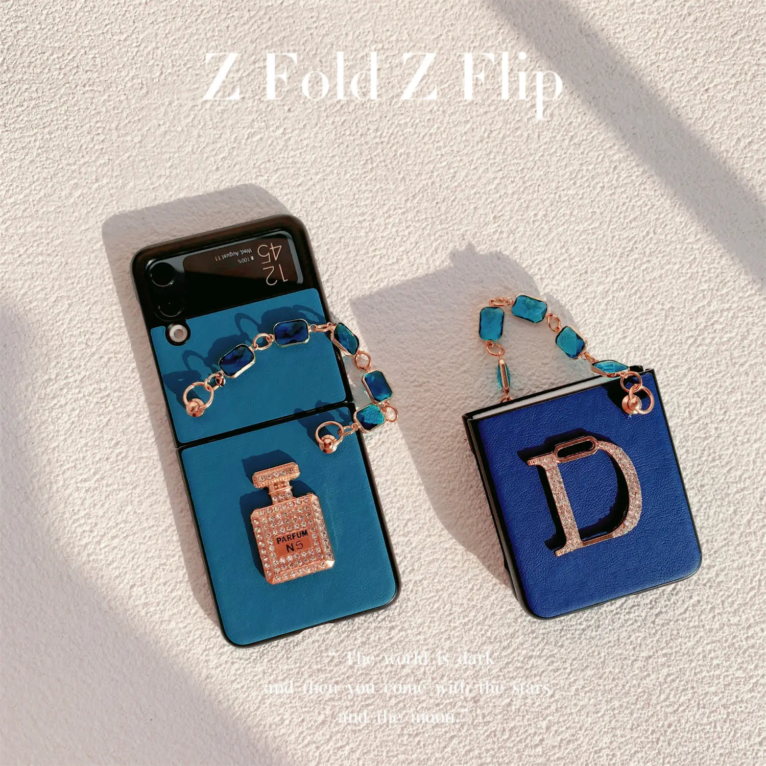 

Синий кожаный чехол для Samsung Z Flip Galaxy Z Flip 3 для женщин с браслетом, Элегантный дизайнерский чехол с флаконом духов для Z Flip 3