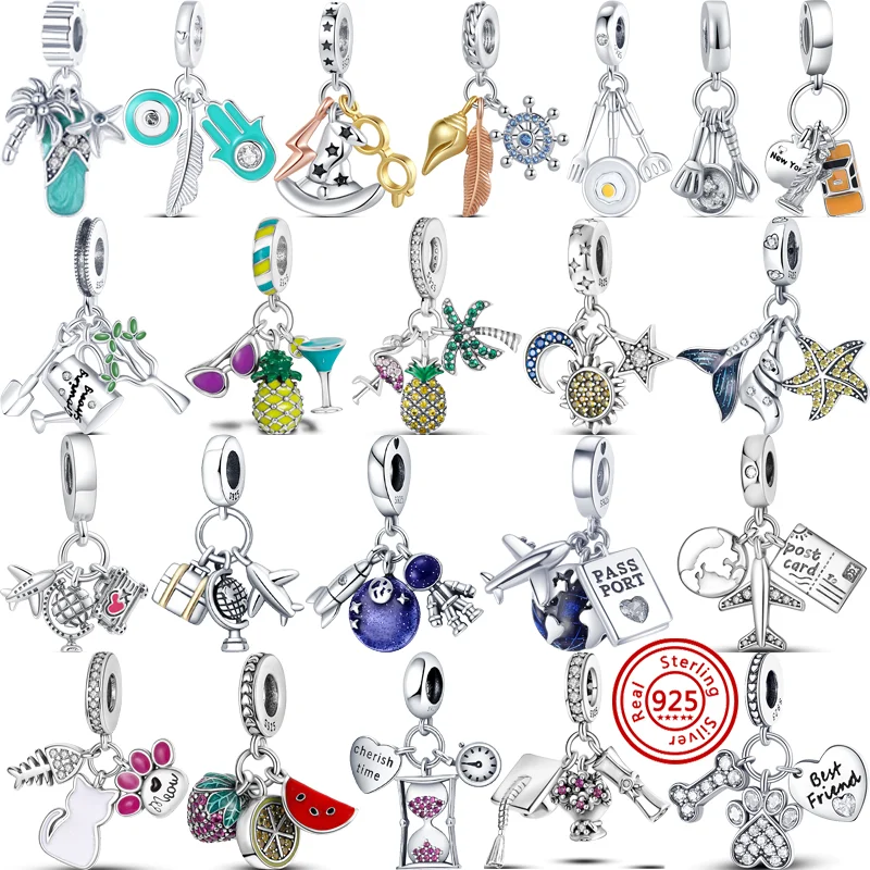 

925 серебряные бусины, подходят для оригинального браслета Pandora с подвесками, новинка 2024, звезда, луна, солнце, самолет, глобус, сумочки, перо, подвеска, ювелирные изделия «сделай сам»