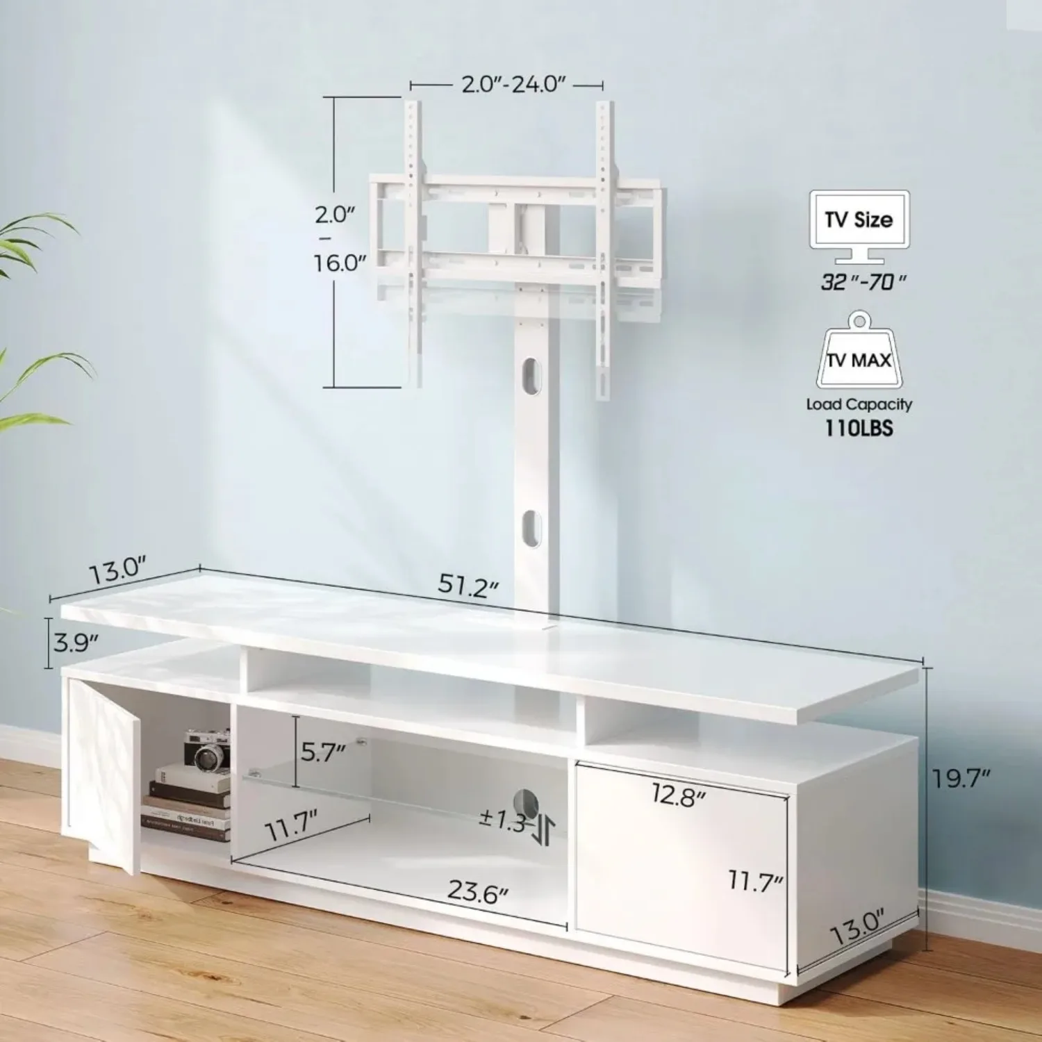 TV Stand w/ Mount & Power Outlet 51.2", Swivel TV Stand Mount, Height Adjustable Modern Entertainment Center w/ LED Lights 6