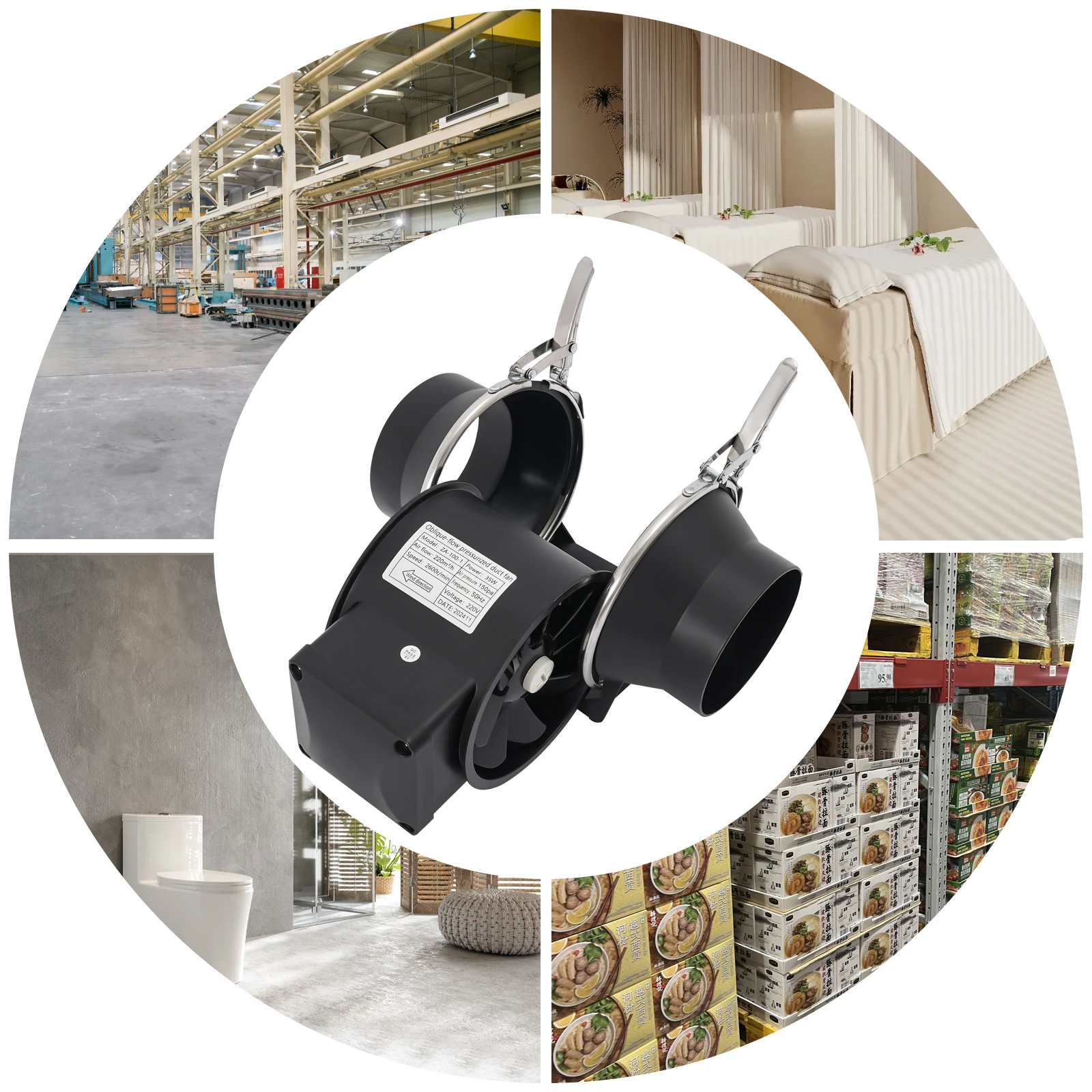 Crni ventilator za ispušni kanal prikazan pod kutom